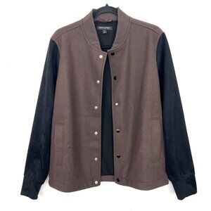 Banana Republic Varsity Jacket Men's Small‎ Brown Black Suede Sleeve Snap zq